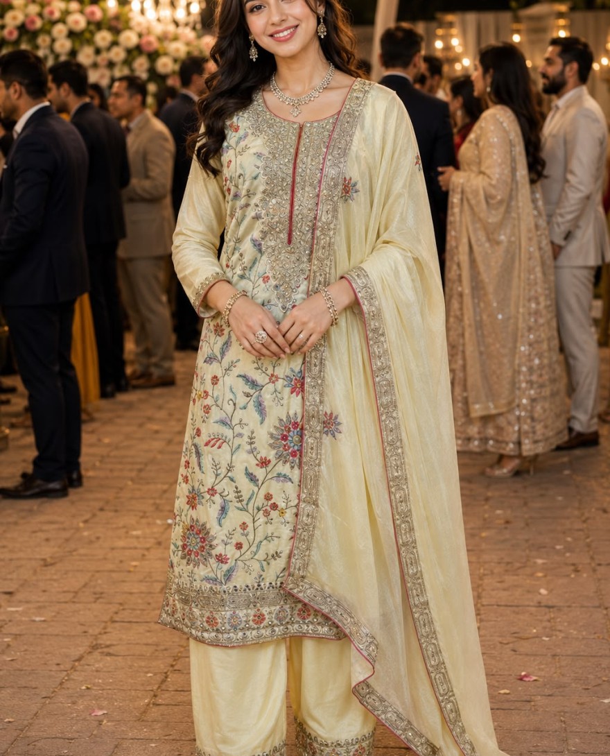CREAM - Chinon Salwar Suit In Cream Colour